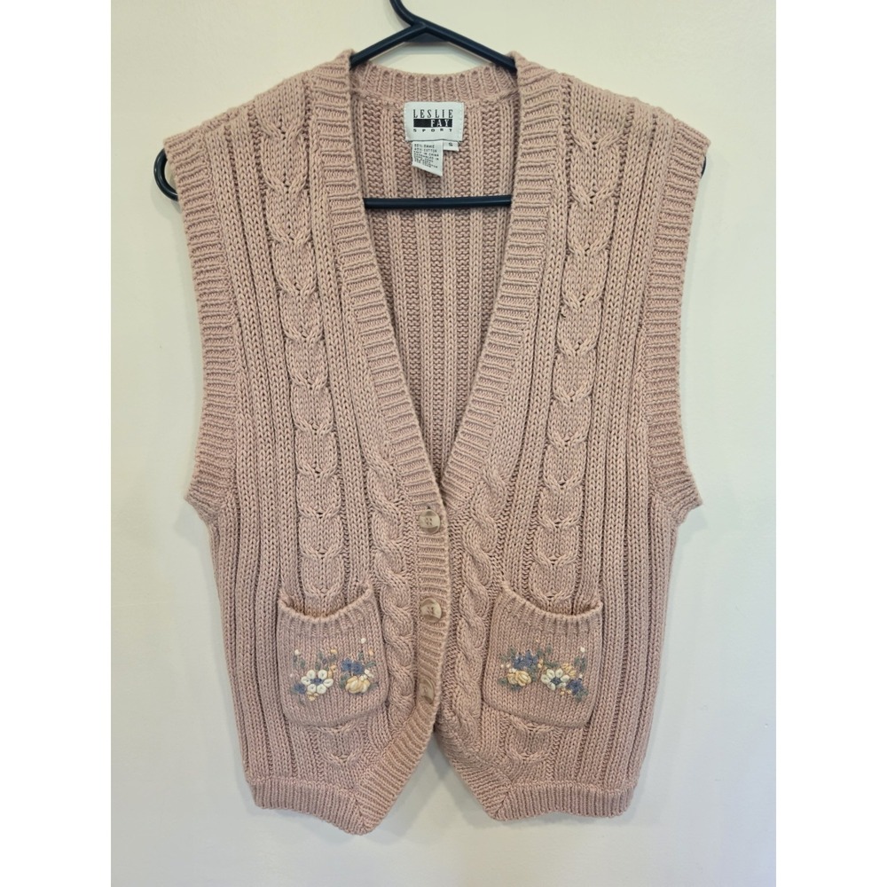 Vintage Pink Cable Knit Sweater Vest Floral Embroidered Small Rory Gilmore Style